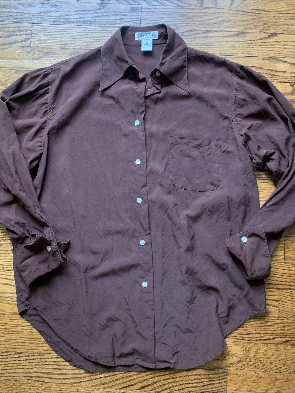 Vintage EXPRESS 100% Silk Chocolate Brown ButtonDown XS Oversized Blouse Y2K VTG